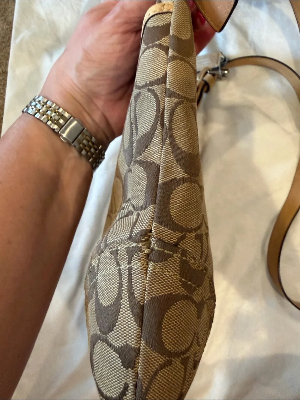 Coach Khaki/Brown Signature Canvas Shoulder Bag with Tan Trim